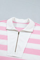 Women's Pink White Striped Half Zip Sweatshirt & Short Sets