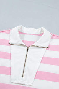 Women's Pink White Striped Half Zip Sweatshirt & Short Sets