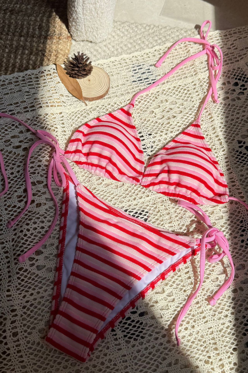 Women's Summer Colorful Striped Halter Neck Dopamine Bikini