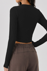 Women's Fall V-neck Slim Fit Ribbed Cropped Long Sleeve Top