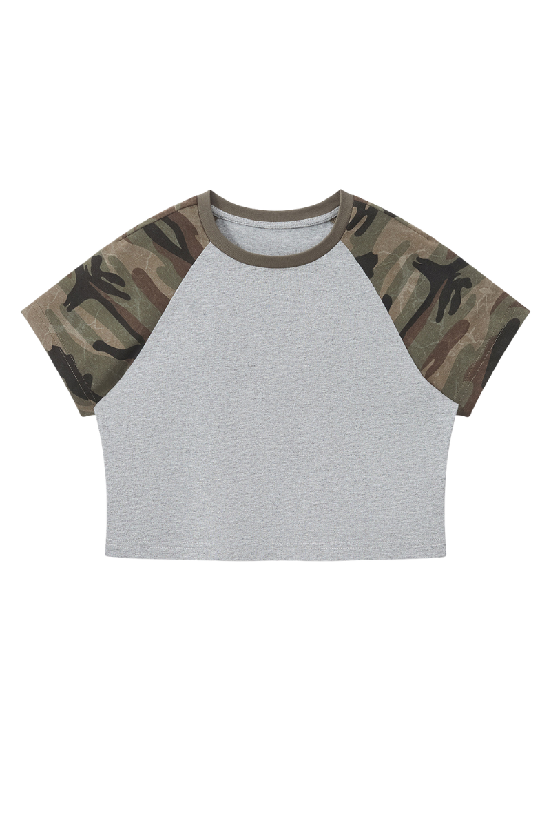 Women's Summer Cotton Camo Raglan Sleeve Cropped Tee