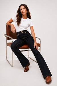 Women's High Waist Double Button Slim Fit Flare Jeans