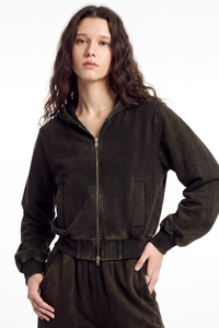 Women's Fall Vintage Washed Distressed Cropped Zip Up Jacket