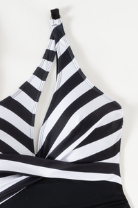 Women Striped Asymmetric One-Shoulder Cutout Ruched Swimsuit