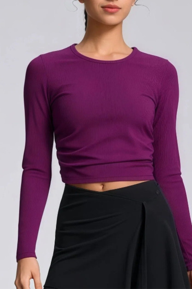 Women's Fall Ribbed Side Ruched Cropped Long Sleeve Athletic Top