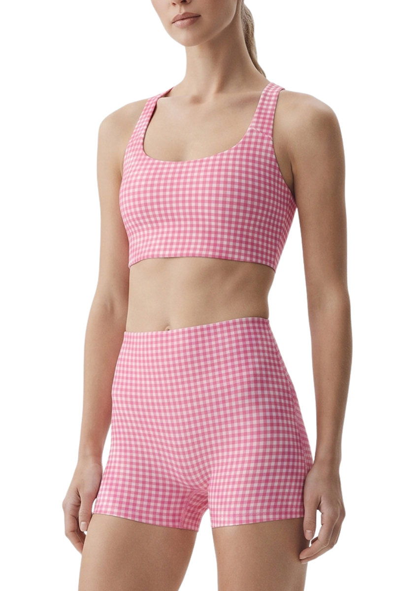 Women's Athletic Plaid Print Y-Back Bra And Shorts Yoga Set