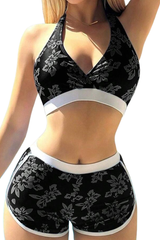 Women's Tropical Halter Deep V High Waist Shorts Bikini Set