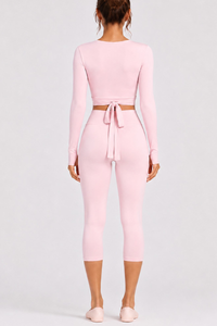 Women's Side Wrap Tie Long Sleeve Top And Capri Yoga Set
