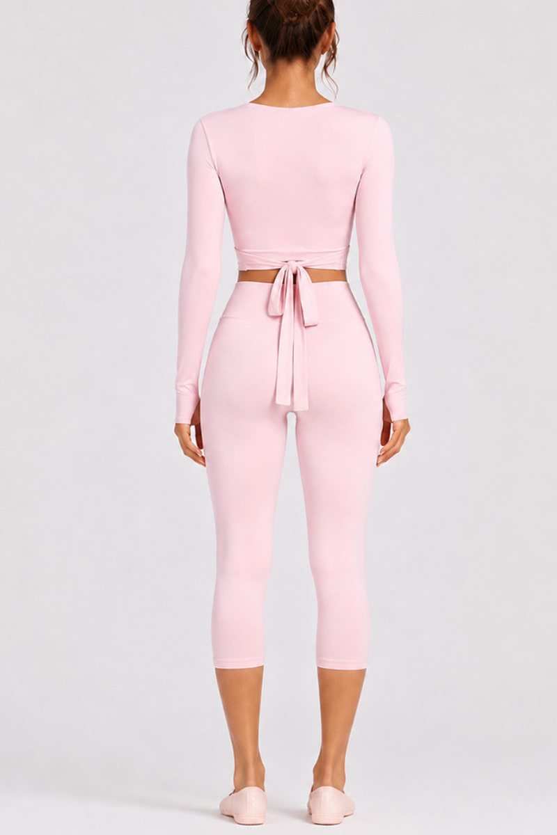 Women's Side Wrap Tie Long Sleeve Top And Capri Yoga Set