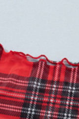 Women's Christmas Red Plaid Sheer Mesh Mock Neck Top