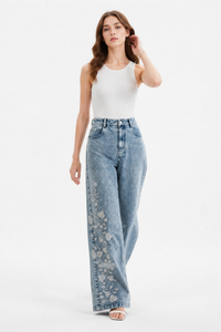 Women's High Waist Floral Embroidered Wide Leg Jeans