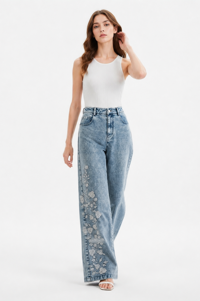 Women's High Waist Floral Embroidered Wide Leg Jeans