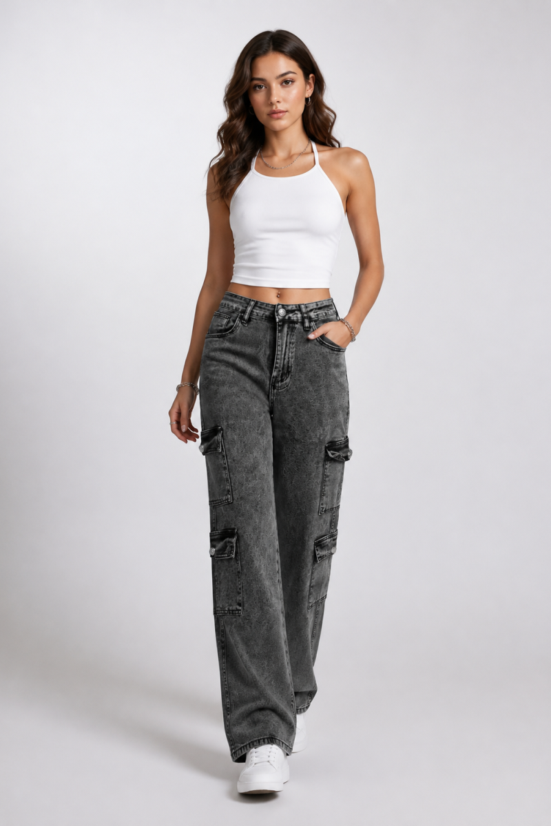 Women's High Waist Cargo Straight Jeans