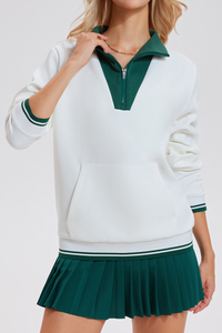 Women's Retro Campus Set:Half-Zip Sweatshirt & Pleated Skort