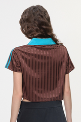 Women’s Cropped Color Block Striped Polo V-Neck  T-Shirt
