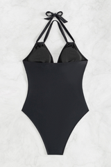 Women's V-neck Pleated Halterneck Waist Cinching Swimsuit