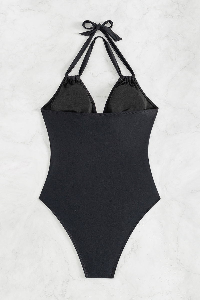 Women's V-neck Pleated Halterneck Waist Cinching Swimsuit