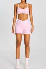 Women's Color-Block  Sports Bra & Cross Waist Shorts Set