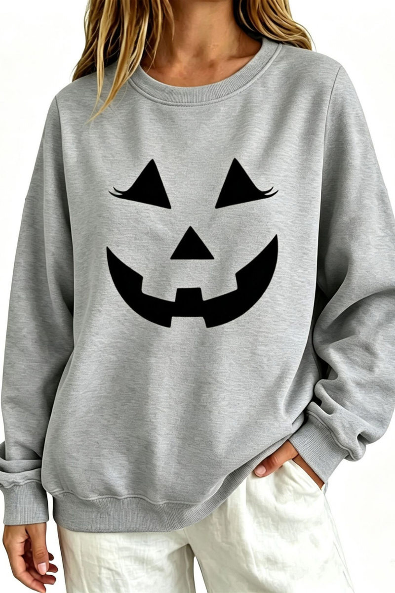 Women's Fall Halloween Pumpkin Face Print Relaxed Sweatshirt