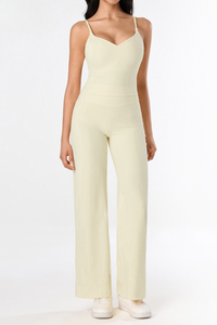 Women's Brushed Yoga Set:V-Neck Tank Top & Wide-Leg Pants