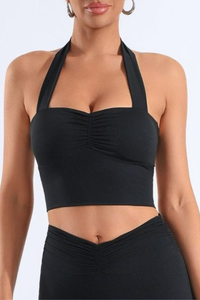 Women's Halter Neck Pleated Twist Back Padded Sports Bra