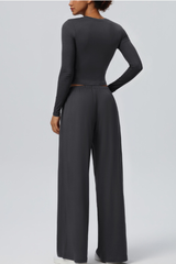 Women's Crew Neck Cropped Top and Casual Pants 2 Piece Set