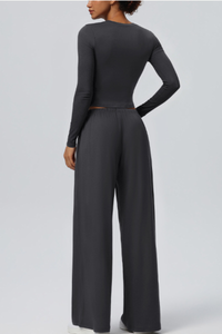 Women's Crew Neck Cropped Top and Casual Pants 2 Piece Set