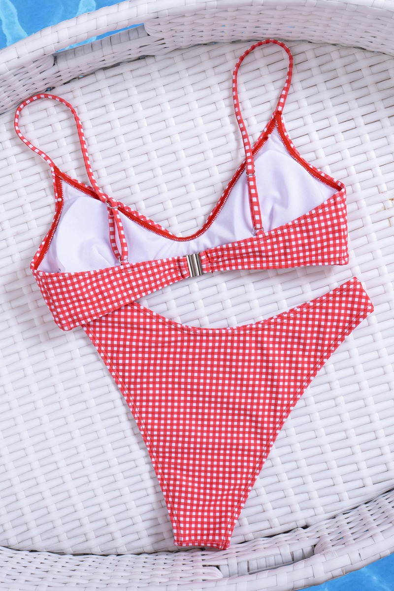 Women's Summer Red White Gingham Thin Strap Triangle Bikini
