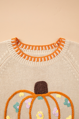 Women's Fall Halloween Pumpkin Floral Applique Knit Sweater