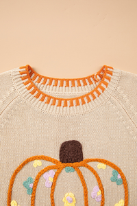Women's Fall Halloween Pumpkin Floral Applique Knit Sweater