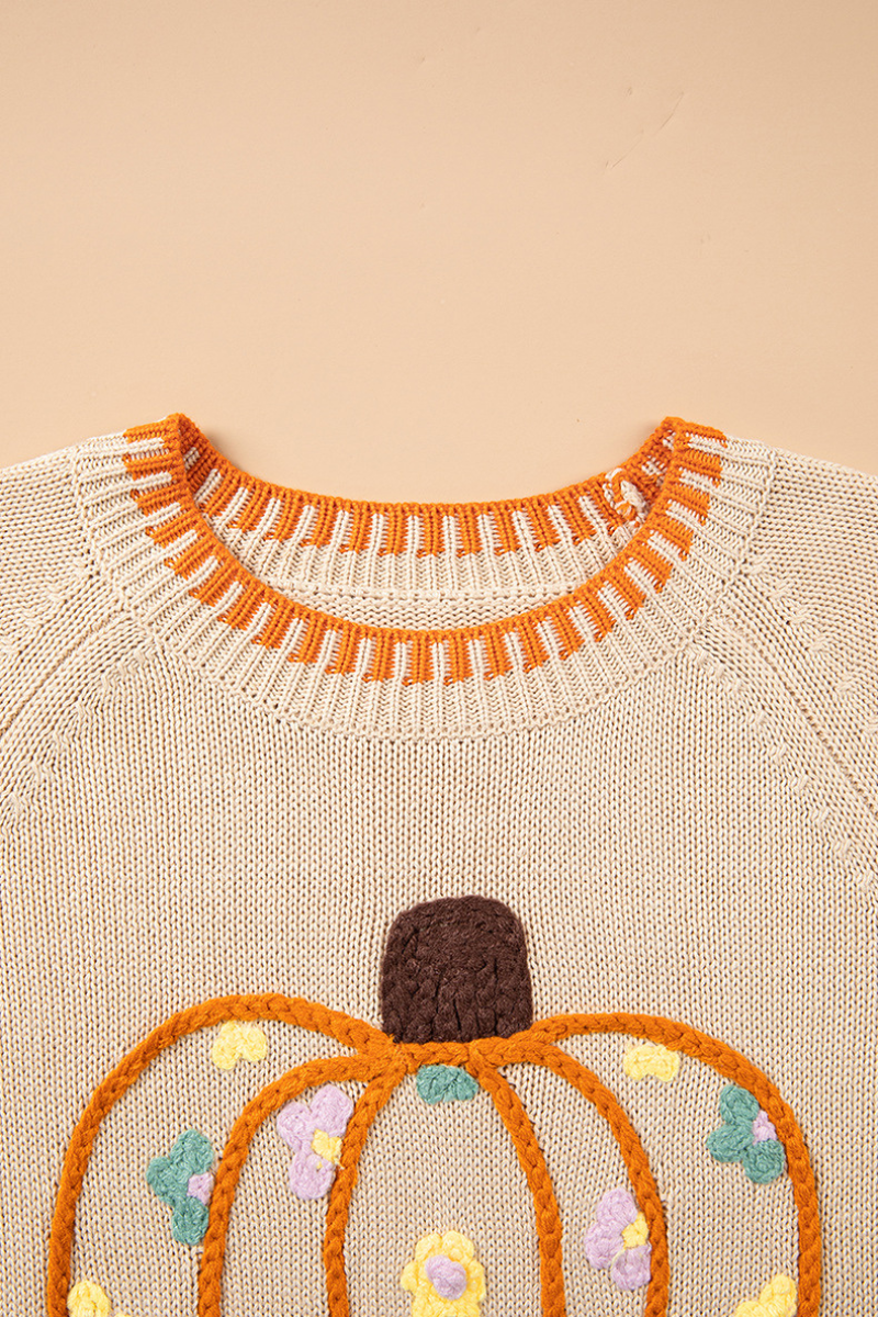 Women's Fall Halloween Pumpkin Floral Applique Knit Sweater