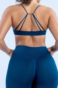 Women's Athletic Seamless  Twist-Front V-neck Thin Strap Cross Back Bra