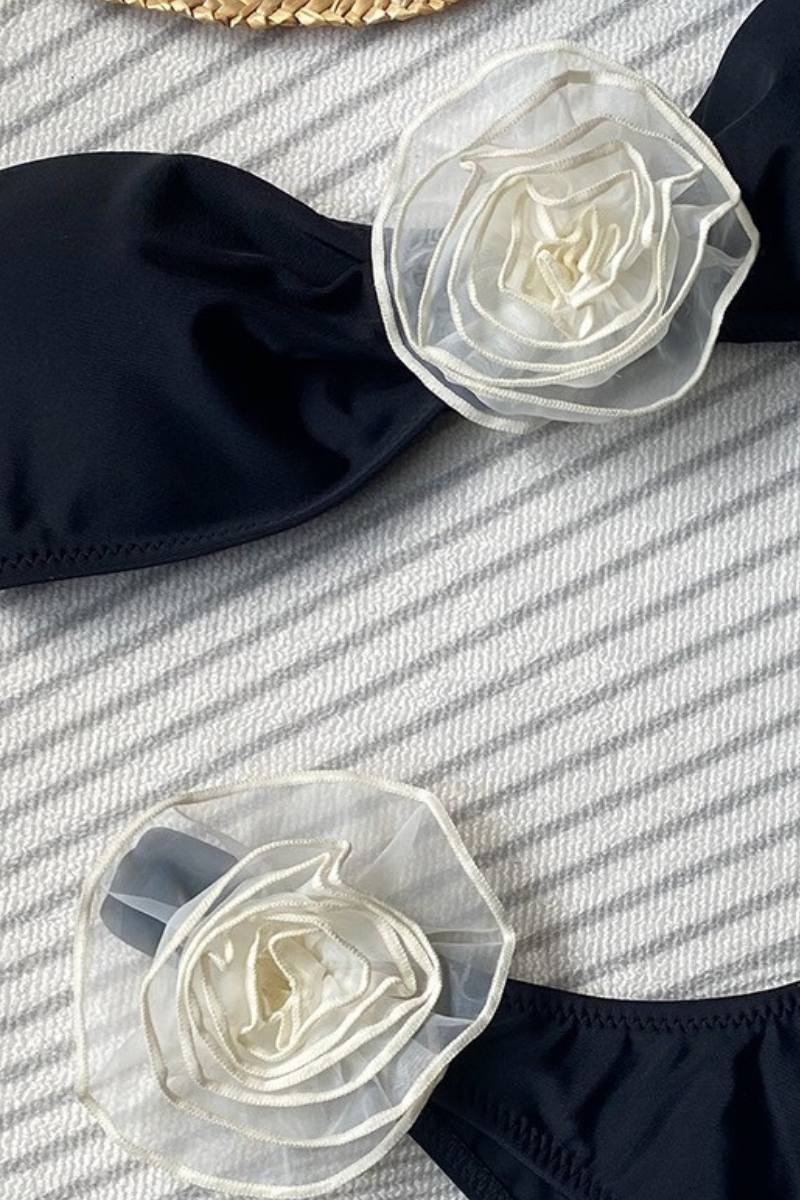 Women's 3D Floral Strapless Metal Back High Waist Bikini Set