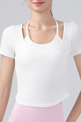 Women's Fake Two Piece Halter Tie Cropped Sports T-shirt