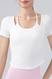 Women's Fake Two Piece Halter Tie Cropped Sports T-shirt