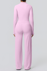 Women's Set:Collared Zippered Jacket And Wide Leg Pants