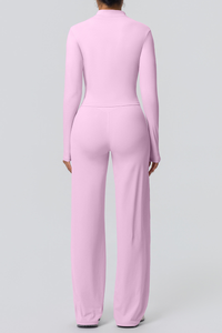 Women's Set:Collared Zippered Jacket And Wide Leg Pants