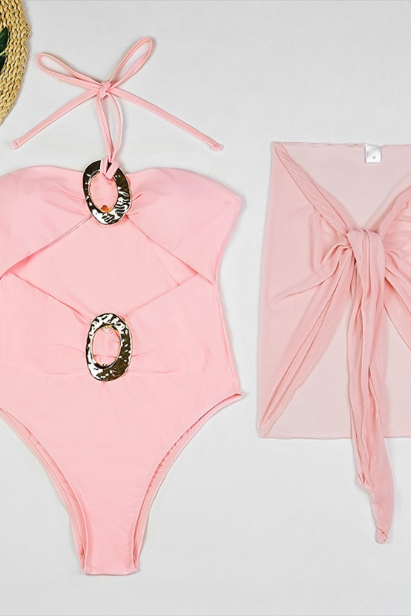 Women's Bandeau Ring High Waist Mesh Cover-up Bikini Set