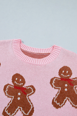 Women's Winter Christmas Pink Gingerbread Man Knit Sweater