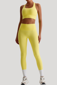 Women Naked Feel Cross Back Yoga Set: High Waisted Seamless Tummy Control Leggings + Crisscross Sports Bra
