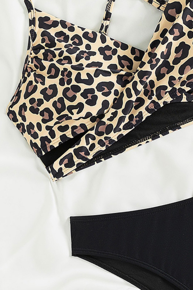 Women's Sexy Leopard-Print V-Neck Cross Bock Bikini