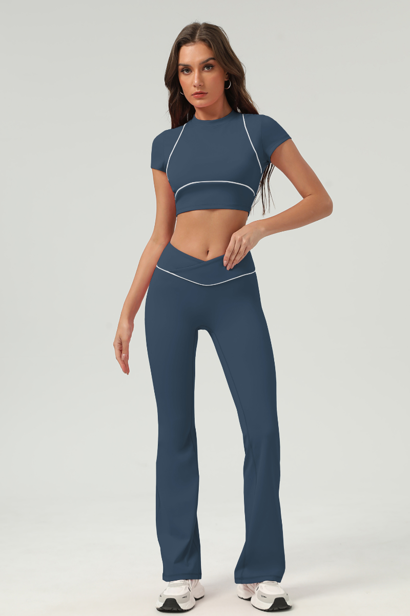 Women's Color‑Contrast Cropped T-shirt & Flared Pants Set