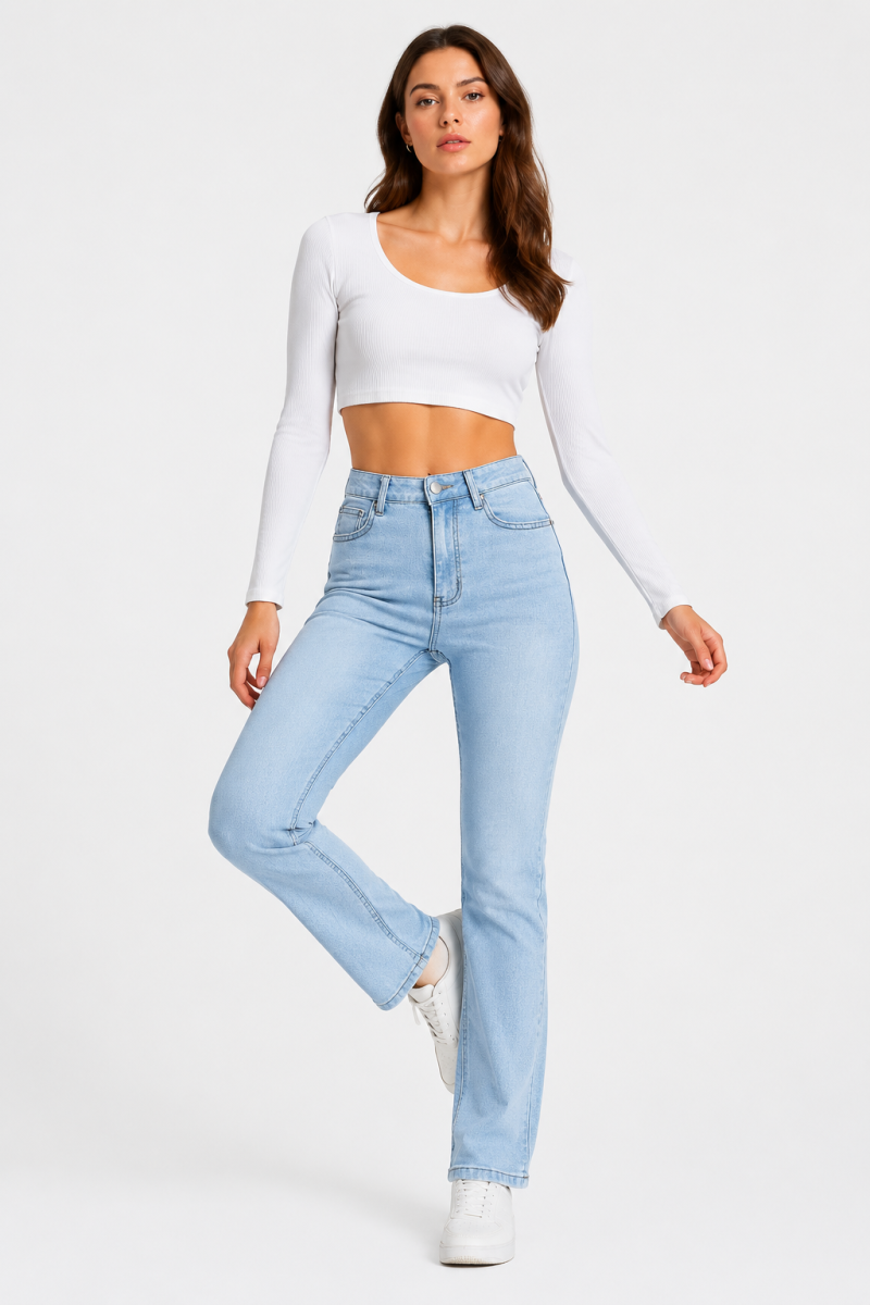 Women's Light Blue Wash Stretch Slim Straight Leg Jeans