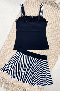 Women's Striped Strapless Slit Bikini Set - Black White 2pcs