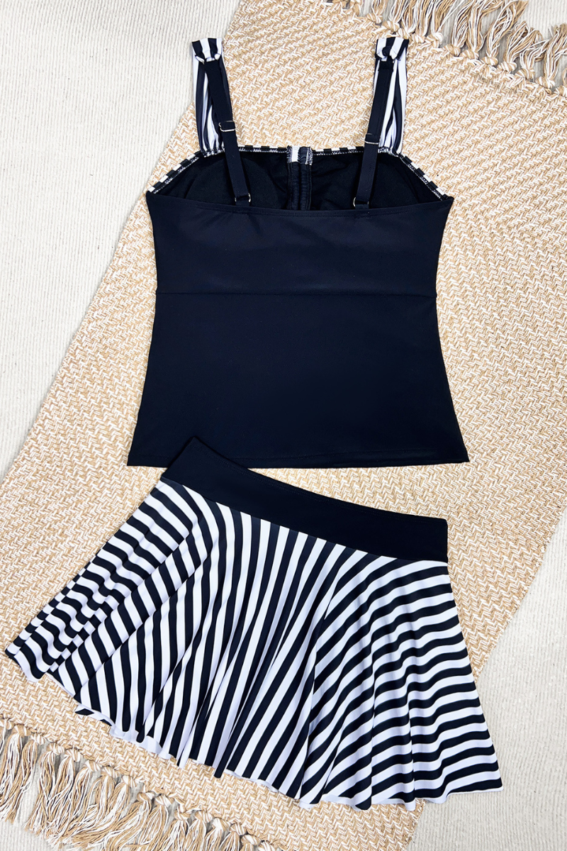 Women's Striped Strapless Slit Bikini Set - Black White 2pcs