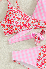 Women's V-Neck Floral Gingham Patchwork Bikini Set
