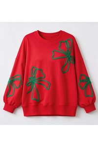 Women's Christmas Embroidery Bow Balloon Sleeve Sweatshirt