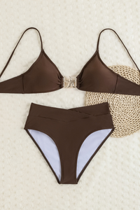 Women's Sexy Metal Buckle Triangle Cup Solid Bikini