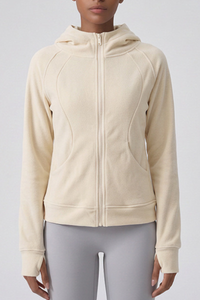 Women's Winter Fleece Zip Up Finger Cuffs Hooded Jacket
