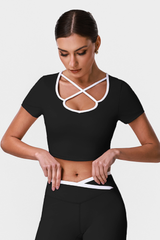 Women's Contrast Cross Cutout Neckline Cropped Workout Tee